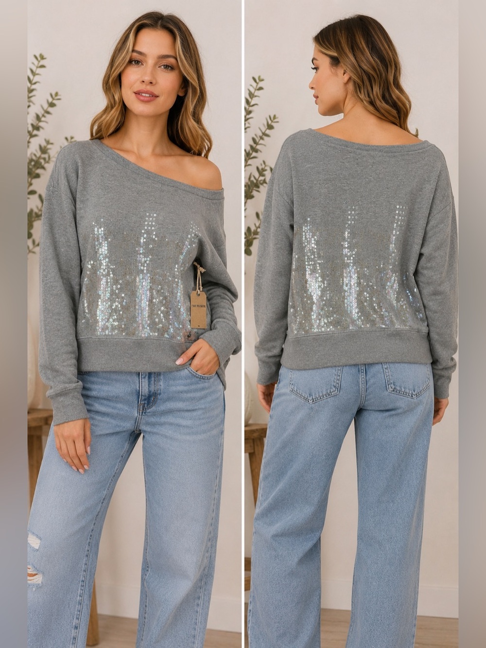 True Religion Sequin Boyfriend Pullover Sweatshirt XS Y2K Glam Sparkle